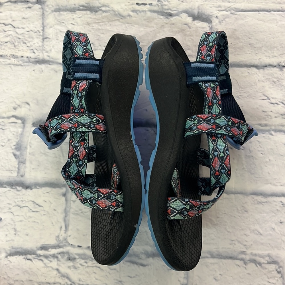 Chaco Women's Black Sandals with Teal and Coral Patterned Straps - Picture 2 of 7